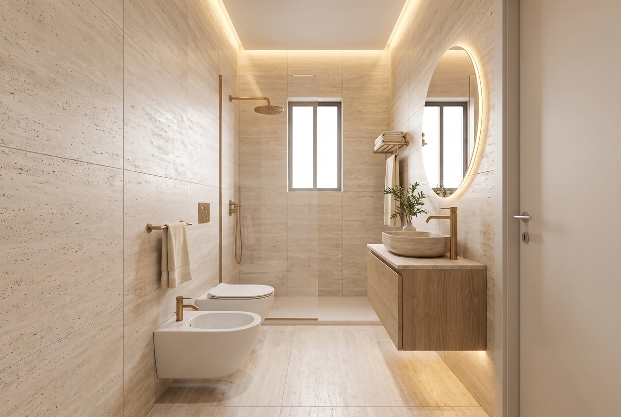 Render di progetto: Bagno della camera, stile Rovere e luce. Arredi illustrativi, su commissione.