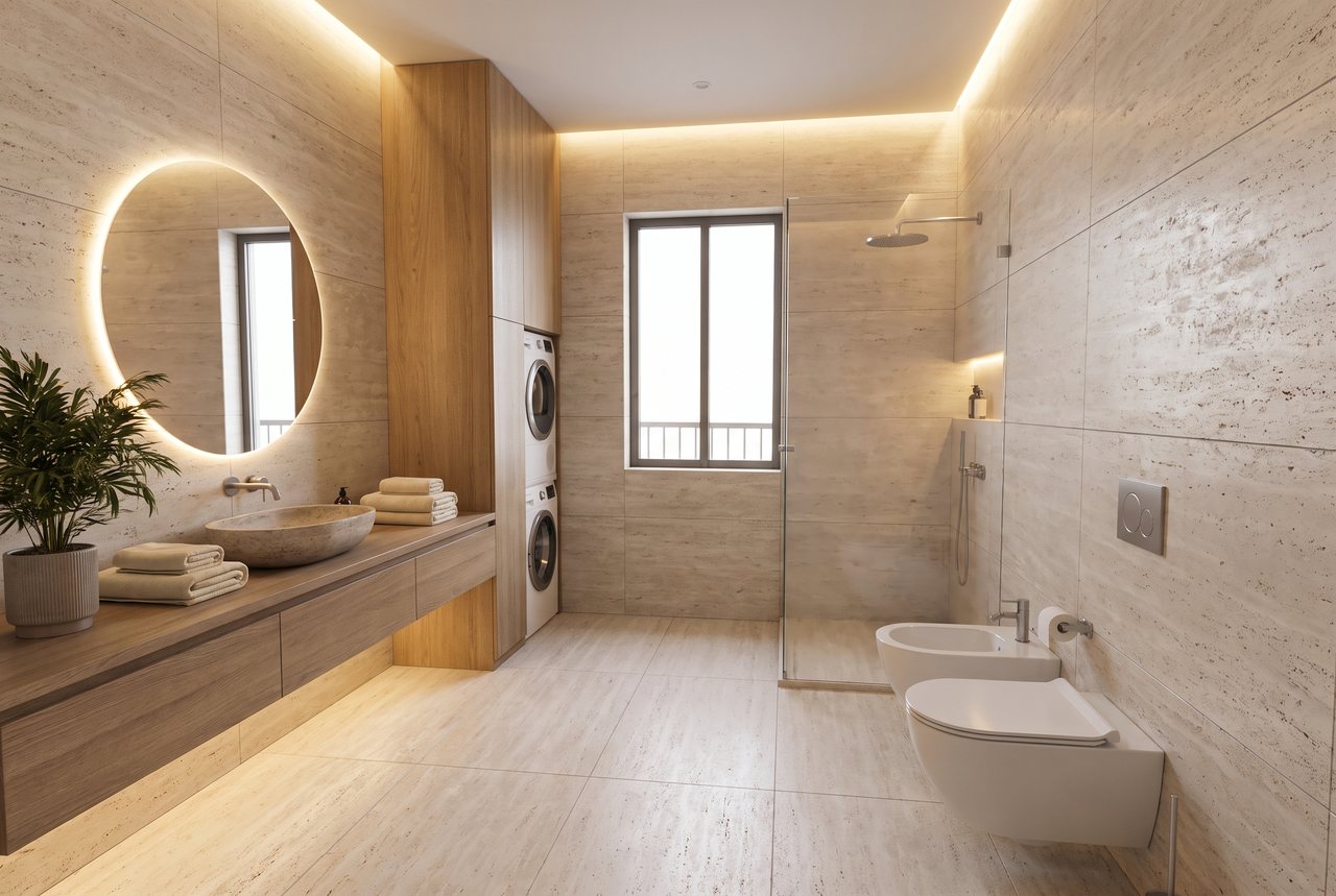 Render di progetto: Bagno con lavanderia, stile Rovere e luce. Arredi illustrativi, su commissione.