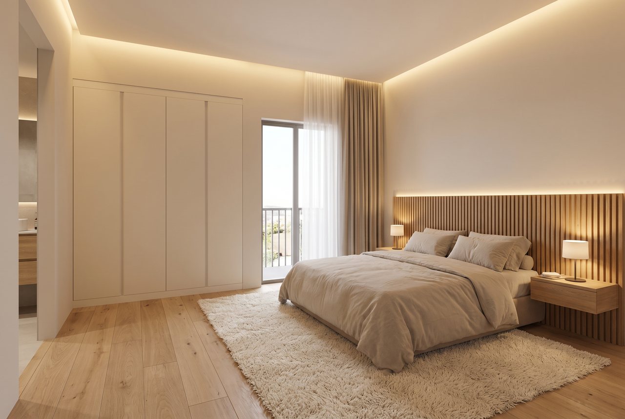 Render di progetto: Camera sul retro, stile Rovere e luce. Arredi illustrativi, su commissione.