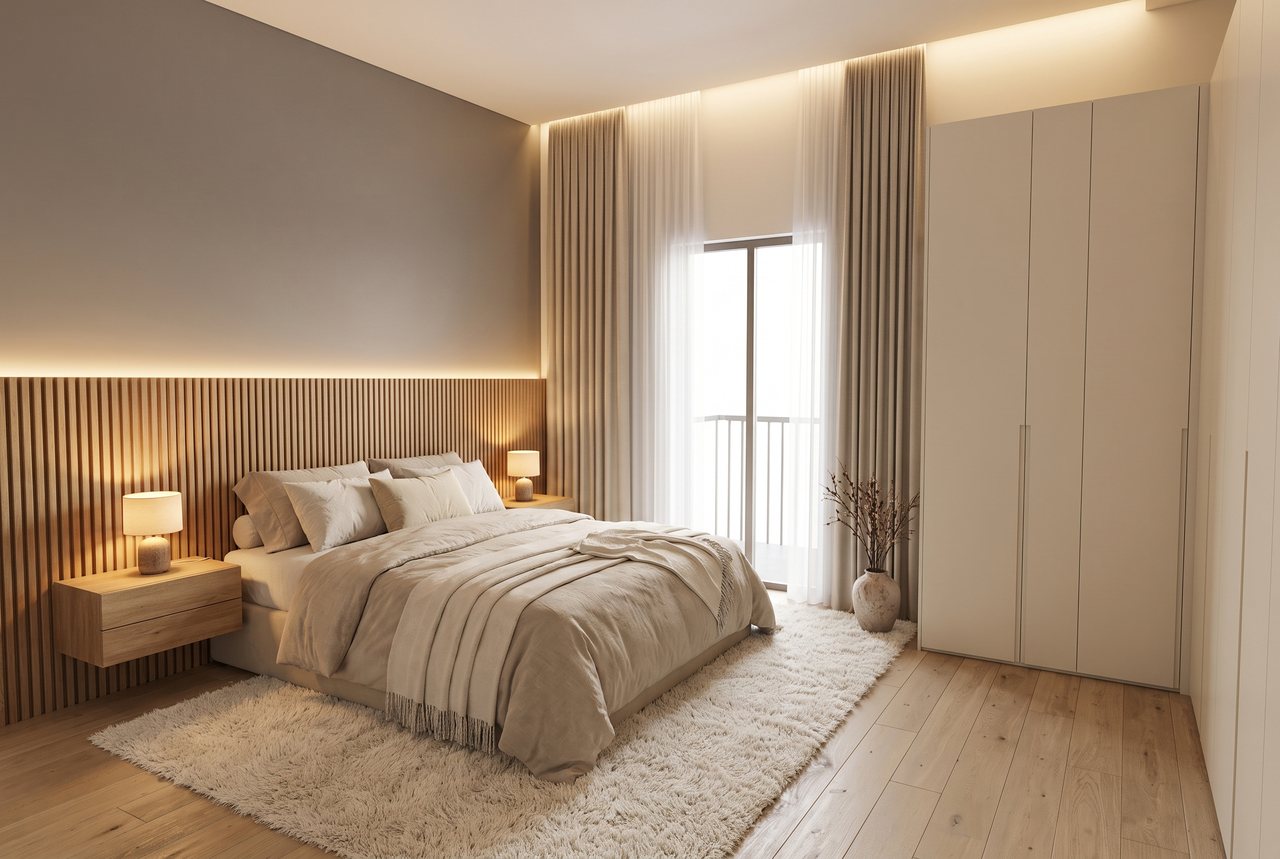 Render di progetto: Camera sulla via, stile Rovere e luce. Arredi illustrativi, su commissione.