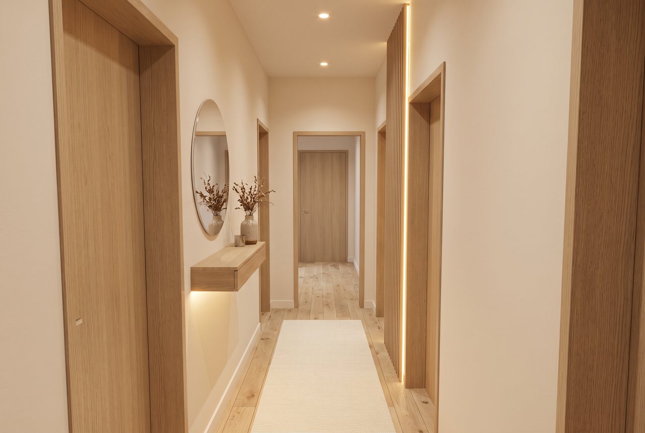 Render di progetto: Ingresso, stile Rovere e luce. Arredi illustrativi, su commissione.