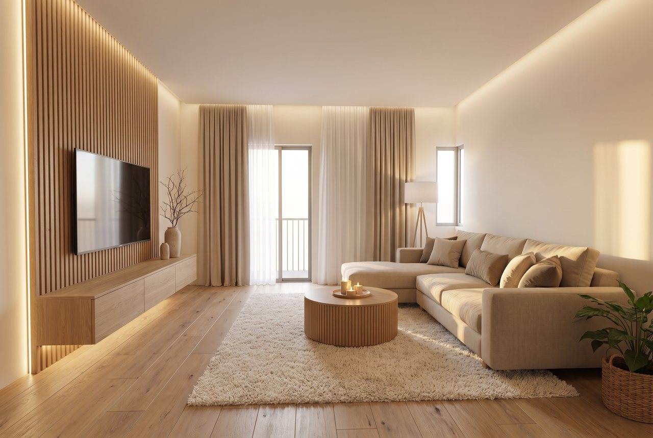Render di progetto: Cucina e soggiorno, dalla porta, stile Rovere e luce. Arredi illustrativi, su commissione.