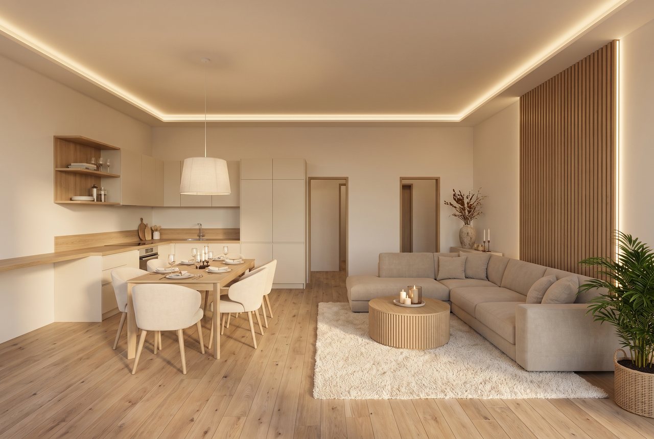 Render di progetto: Cucina e soggiorno, dal balcone, stile Rovere e luce. Arredi illustrativi, su commissione.